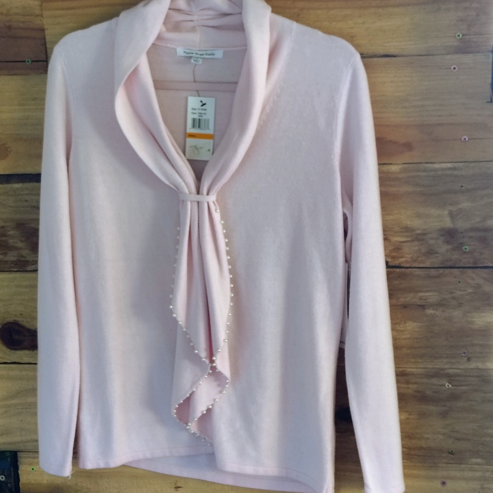 Mercer Street Studio Pink V-Neck Sweater w/pearls soft feminine NWT GRANNY CORE